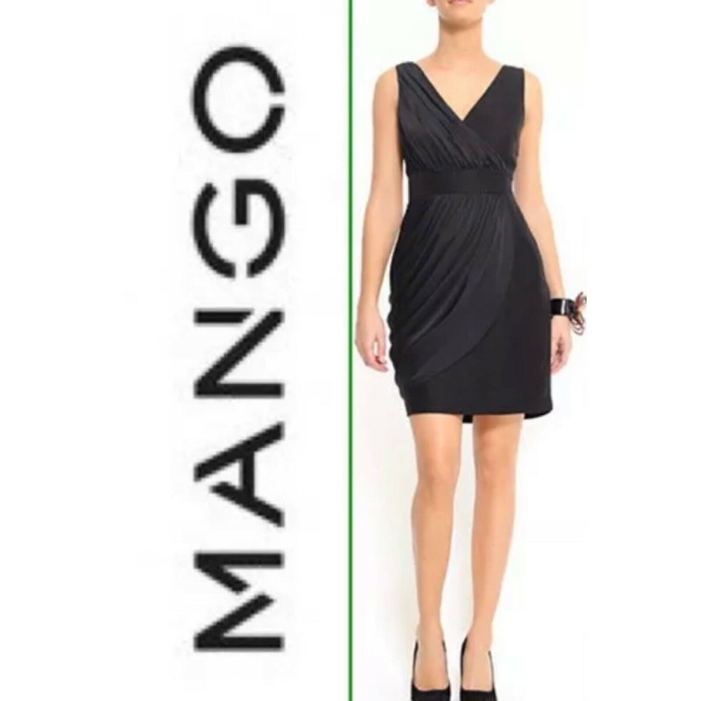 Mango Suit Black V Neck Wrap Drape Sheath Dress